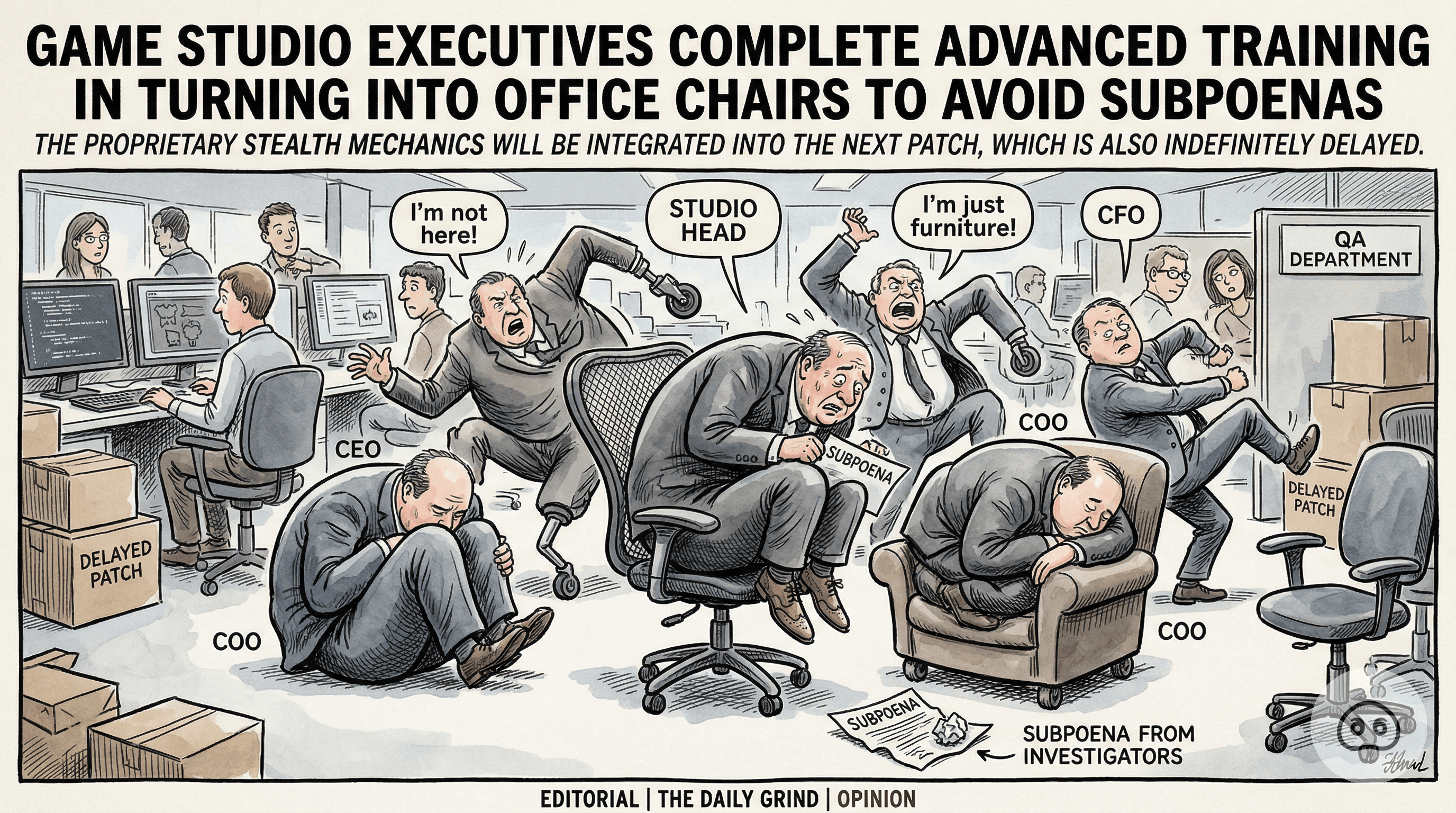 Game Studio Executives Complete Advanced Training In Turning Into Office Chairs To Avoid Subpoenas